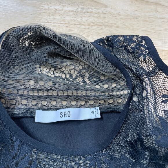 SHO by Tadashi Shoji NWOT Lace Trim Fit & Flare Dress Black Size 10 Semi-Sheer - Picture 6 of 12